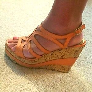 Strappy platform cork wedges